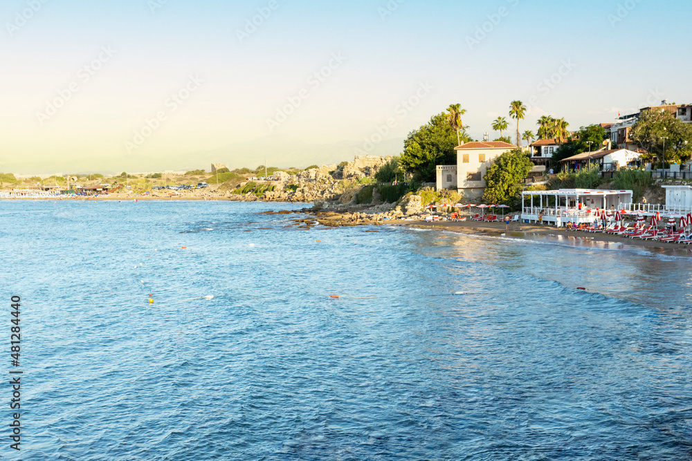 Panoramic view of Antalya and Mediterranean seacoast at sunset. Summer vacation in Side Turkey.