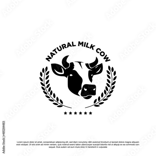 Natural milk cow logo design. Cow head with wheat vector for your brand or business