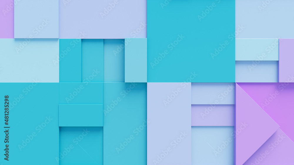 Various 3D Shapes neatly organized to make a wall. Turquoise and Purple Futuristic background .