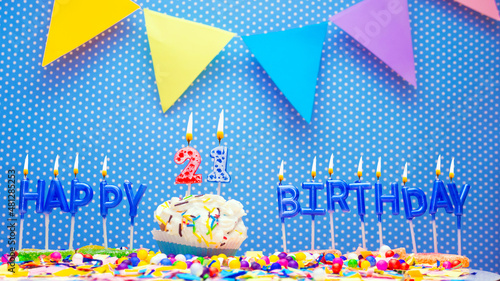 Photography Word from the letters of happy birthday candles for twenty one years