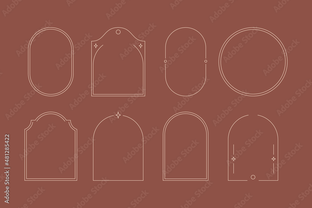 Boho Frame and Arch Set in Trendy Minimal Liner Style. Vector Bohemian Borders for Creating Logo - obrazy, fototapety, plakaty 