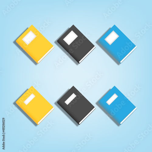 3D cartoon style table top high view angle of book set collection in black yellow blue color with shadow