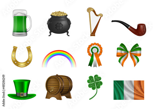 Set of St. Patrick's day elements and symbols. Isolated beer mug, pot, harp, pipe, horseshoe, rainbow, cockade, bow, hat, barrel,clover and irish flag