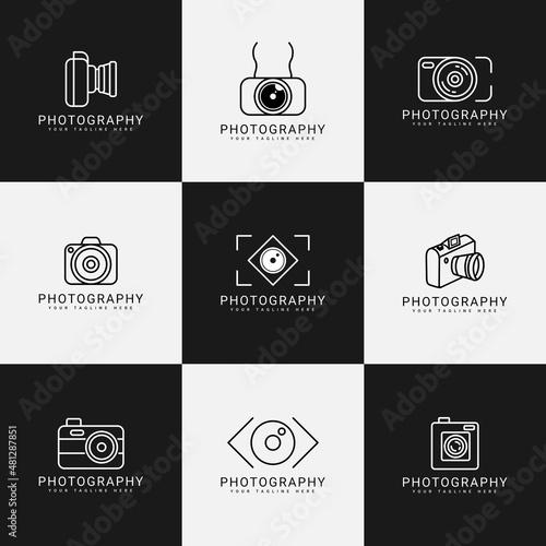 Camera Photography Logo Design Collection, Creative Photo Photographer Craftsman Symbol Vector, Dslr or Mirrorless Lens Icon Minimalist Line Art Watermark Label Sticker
