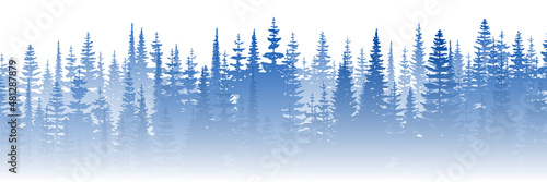Coniferous forest in the morning haze, vector banner