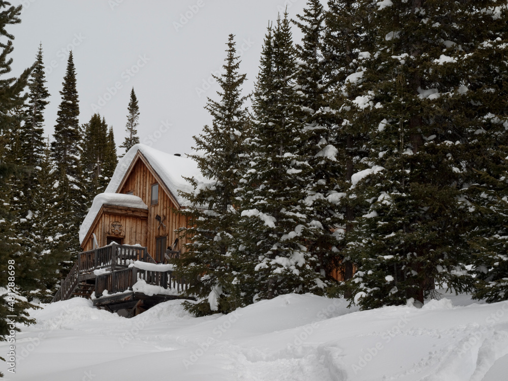 A snowy mountain cabin