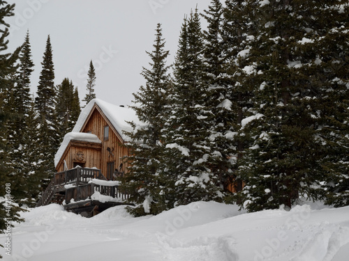 A snowy mountain cabin