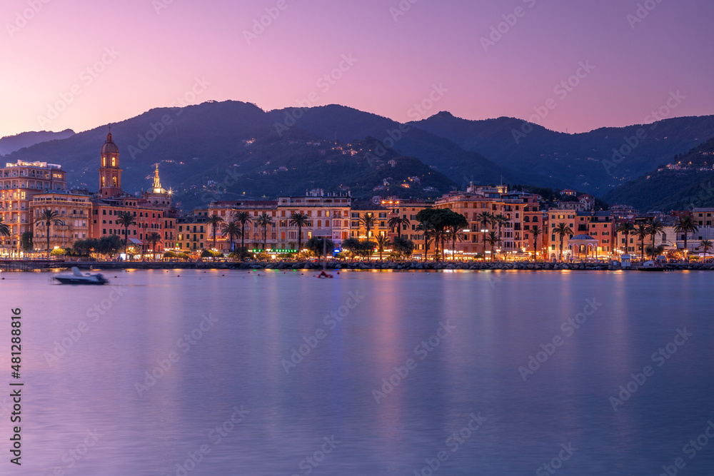 Night view of Rapallo city, Liguria, Italy