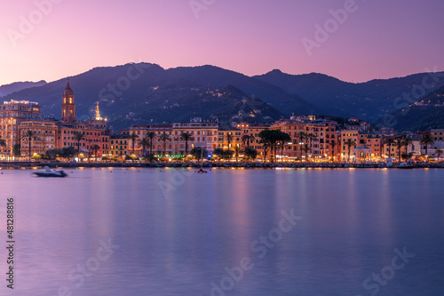 Night view of Rapallo city, Liguria, Italy