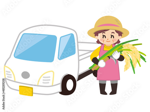 農家の女性と軽トラック