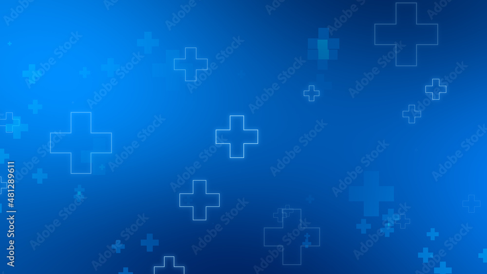 Abstract medical blue cross neon light shapes pattern background.