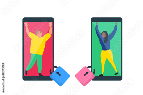 sad man and woman locked inside smartphones social media internet addiction