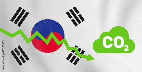 South Korea reducing co2 carbon dioxide emission  graph down  on flag background vector illustration