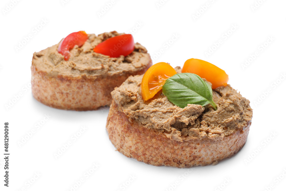 Slices of fresh bread with delicious pate and tomatoes on white background