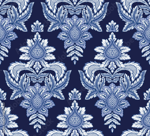 Classical luxury old fashioned damask ornament, royal victorian floral baroque. Seamless pattern, background. Vector illustration on navy blue colors.