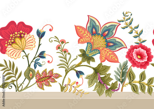 Fantasy flowers in retro, vintage, jacobean embroidery style. Border line seamless pattern, background. Vector illustration.