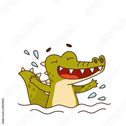 Funny crocodile splashing in the water. Children's character. Vector illustration for designs, prints and patterns.