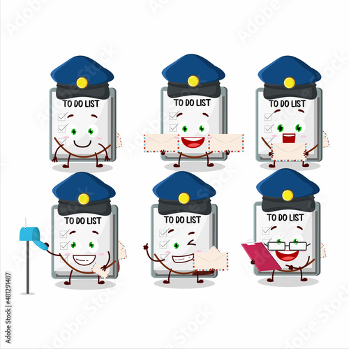 A picture of cheerful paper sheet with clipboard postman cartoon design concept