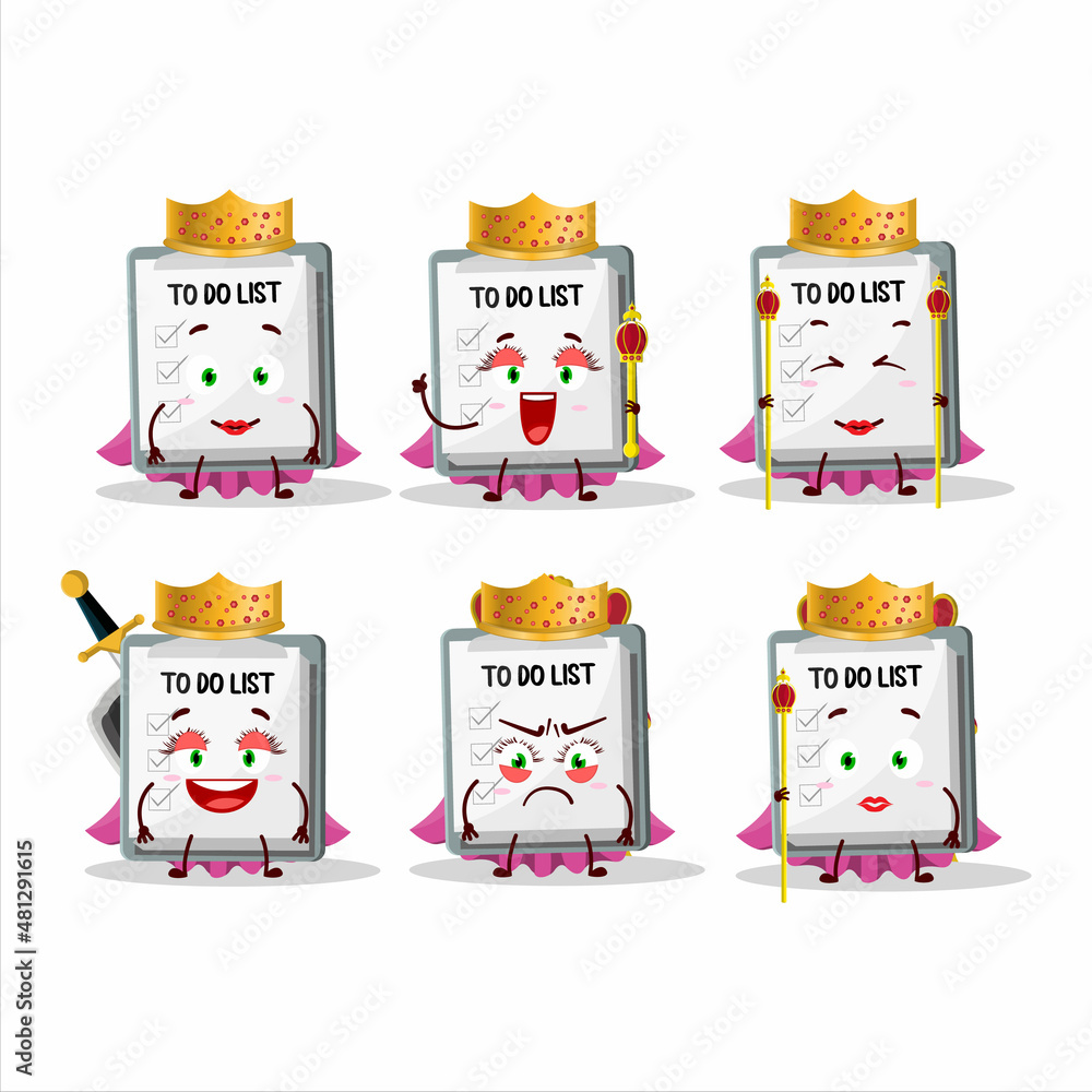 Fototapeta premium Queen and her magic clothes cartoon of paper sheet with clipboard wearing tiara