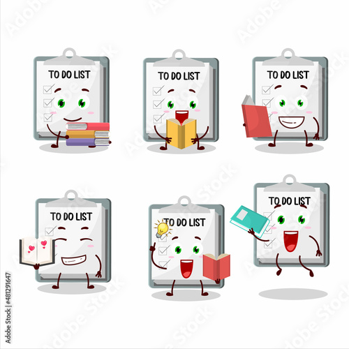 A picture of paper sheet with clipboard cartoon character concept reading an amusing book