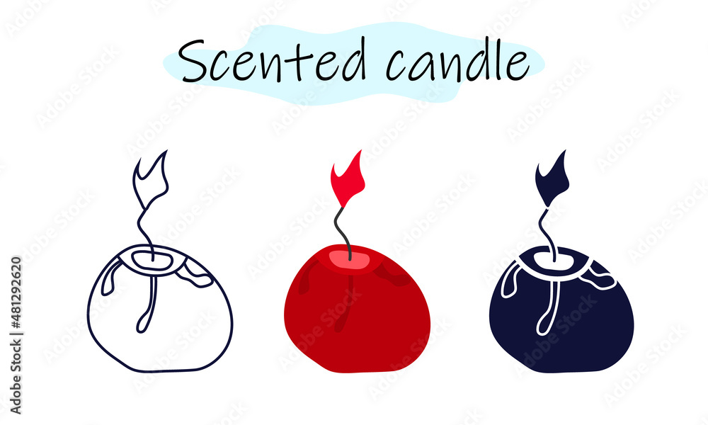 An aromatic candle in the shape of a ball with wax and flame flowing on the sides. Vector illustration in color, linear and solid design on a white background. An aromatic candle in the shape of a ball with wax and flame flowing on the sides. Vector illustration in color, linear and solid design on a white background.