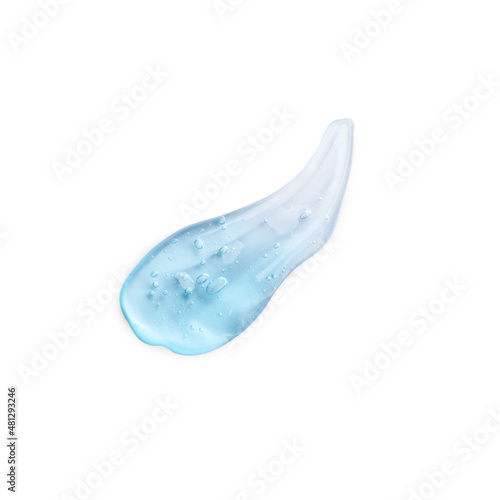 Smear of light blue ointment on white background, top view
