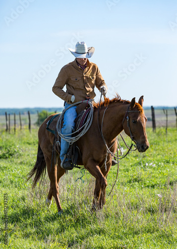 cowboy riding horse in pasture on the ranch