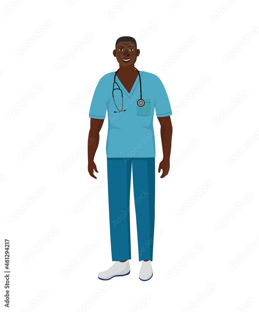 Smiling African-American doctor, in medical uniform with stethoscope. A man standing in a free pose. Vector. Isolated character on white background. EPS. Smiling African-American doctor, in medical uniform with stethoscope. A man standing in a free pose. Vector. Isolated character on white background. EPS.