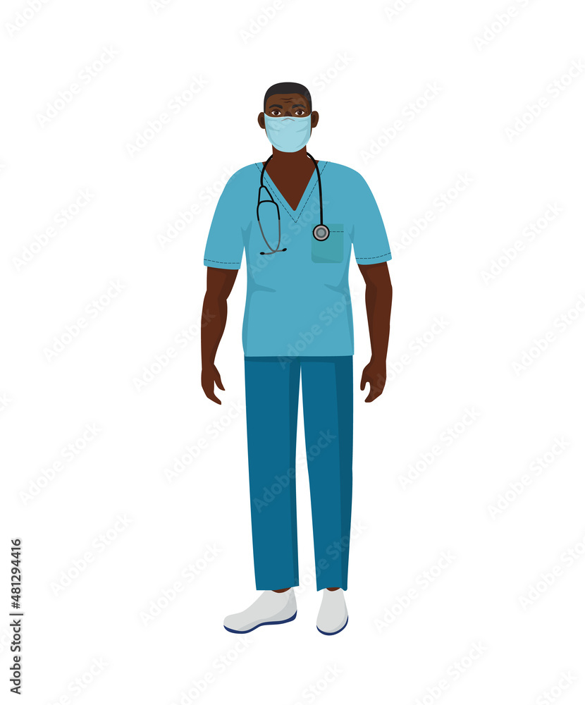 An African-American doctor wearing a mask and medical uniform with a stethoscope. A man standing in a free pose. Vector. Isolated character on white background. EPS.