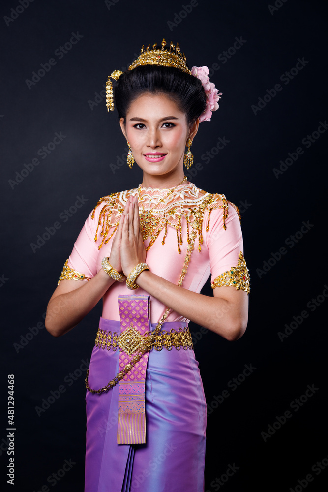 Loykrathong Dress of Thai Traditional Costume or South East Asia gold Dress in Asian Woman