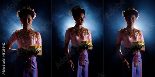 Loykrathong Dress of Thai Traditional Costume or South East Asia gold Dress in Asian Woman photo