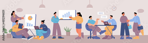 People work in open space office. Vector flat illustration of coworking workplace interior for teamwork, meeting and freelance job. Women and men with laptops, clipboards and presentation in office