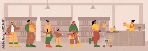 People standing in queue in supermarket. Customers waiting in long line to checkout counter in store. Vector flat illustration of market with cashier and shoppers with shopping baskets and cart