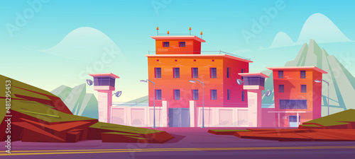 Prison building, jail fenced with strained barbed wire on high wall, searchlights on watchtowers. Criminal institution, penitentiary facade exterior at mountain landscape, Cartoon vector illustration