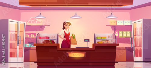 Grocery shop with woman seller holding paper package with products at vendor stall with various food at showcase. Saleswoman in uniform stand at cashier desk of minimarket, Cartoon vector illustration
