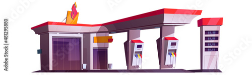 Gas station with oil pump, market and prices display. Vector cartoon illustration of empty modern fuel filling station for cars and shop building isolated on white background