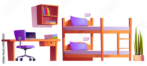 Hostel or student dormitory room interior stuff bunk bed with ladder, plant, bookshelf, workplace desk with laptop, files and chair. University living apartment items, isolated cartoon vector set