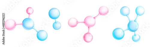 Molecules and atoms models, abstract scientific elements for chemistry, medicine, biology or physics science. Isolated pink or blue 3d vector microscopic objects, connected spheres on white background