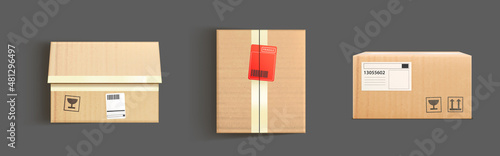 Cardboard boxes mockup, 3d vector cargo and parcel packages top, front and bottom view with tape and paper labels. Realistic carton closed packaging for goods, isolated packs for freight shipping