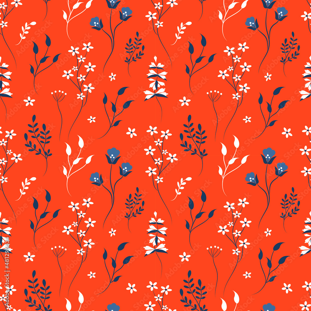 Gordijnen Rood vector naadloze patroon met schattige weide bloemen op rode achtergrond. patroon in vlakke stijl voor afdrukken op stof, kleding, inpakpapier #481296634