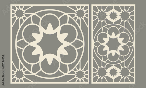 Panel for laser cutting. Abstract geometric pattern of a complex circular zigzag shape. Template for cutting plywood, wood, paper, cardboard and metal.