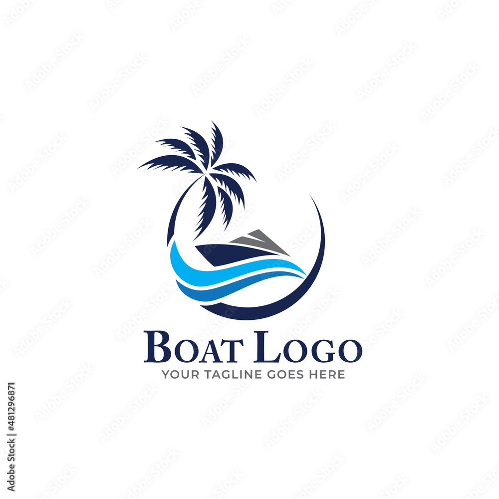 Set of yacht icons with waves and sun on a white background. The template for the logo of the yacht club or sailing. Vector illustration of sea or water transport.