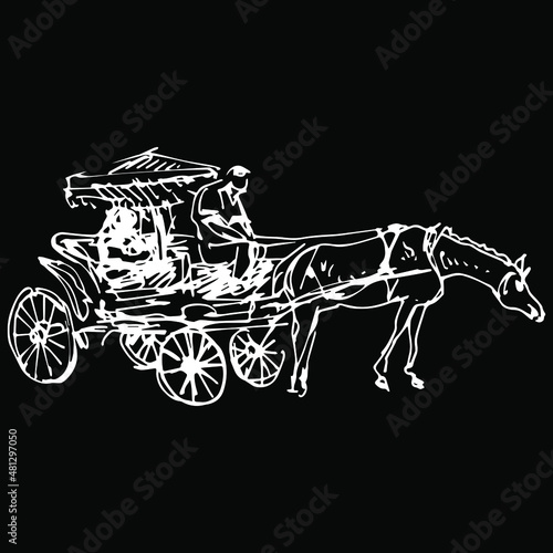 Horse drawn vintage carriage. Hand drawn linear doodle rough sketch. White silhouette on black background.	 photo