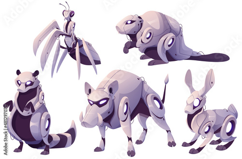 Animal robots, cyborgs hare, beaver, boar, raccoon and insect wasp. Cartoon robotics animalistic machine characters, mechanical and electronic smart ai transformer personages isolated Vector set