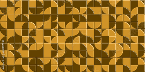 Different 3d geometric smooth shapes randomly mosaic pattern brown and yellow background, combination tiles forms, wallpaper print mockup.