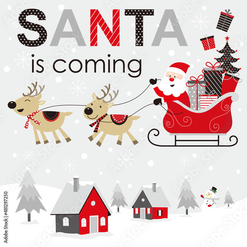 christmas card with santa claus, reindeer and sleigh