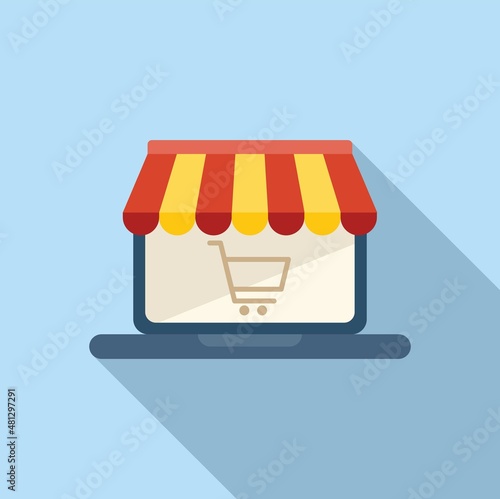 Laptop online store icon flat vector. Sale shop