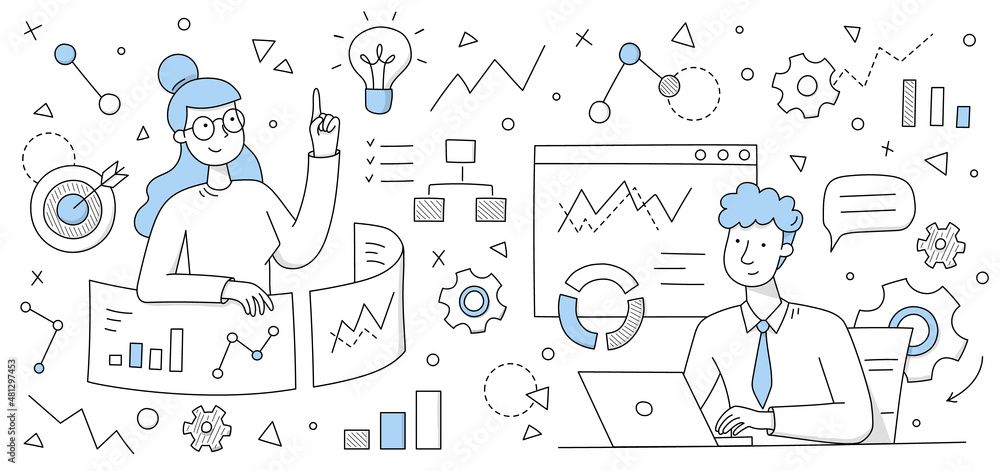 Data analysis business concept, doodle analysts, office people work together research statistics charts, graphs and diagrams of sales management and operational reports, Line art vector illustration Data analysis business concept, doodle analysts, office people work together research statistics charts, graphs and diagrams of sales management and operational reports, Line art vector illustration