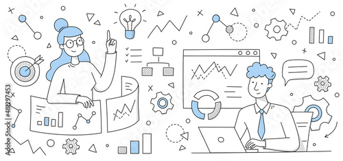 Data analysis business concept, doodle analysts, office people work together research statistics charts, graphs and diagrams of sales management and operational reports, Line art vector illustration