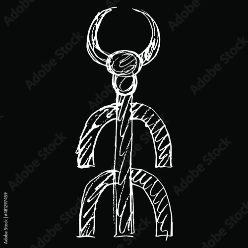 Stylized figure of god Baal Hadad. Horned man with bull head. Mythology of ancient Near East. Hand drawn linear doodle rough sketch. White silhouette on black background. photo